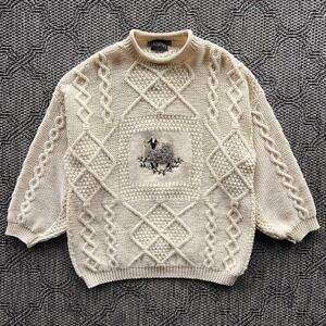 Vtg Acorn Sweater Men's Medium Cream Fisherman Wool Cable Knit Crewneck Sheep